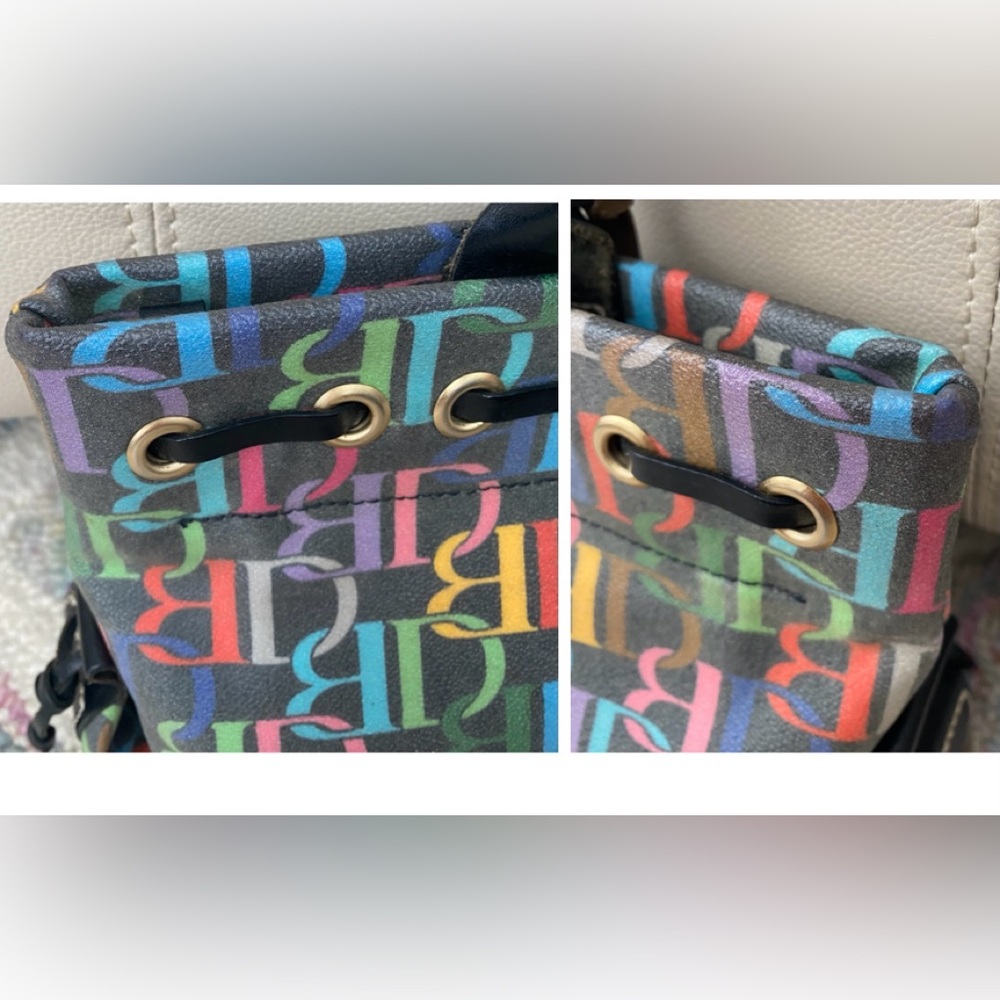 Dooney & Bourke Multicolor DB Monogram Drawstring Bag Canvas Leather Trim Y2K - Picture 5 of 14